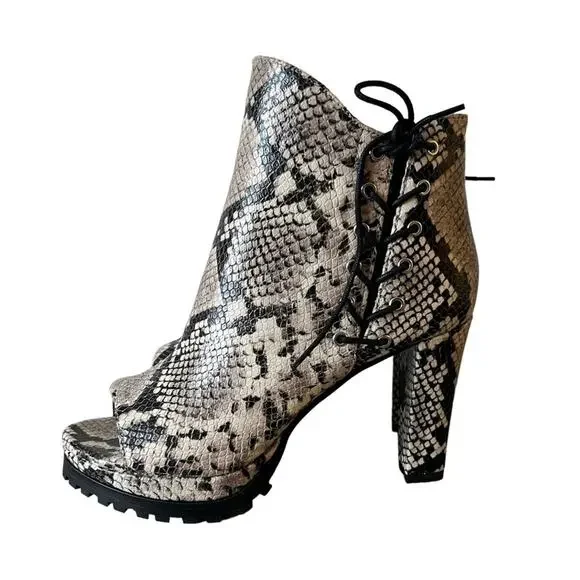 AllSaints Michela Leather Snake Print Peep Toe Heeled Shoes Booties Size 40 EU - Picture 3 of 16